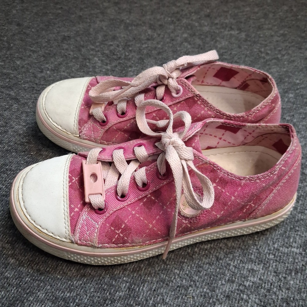 CROCS Girls Sz 12 Lace Up Sneakers Pink Argyle Diamond Lightweight Casual